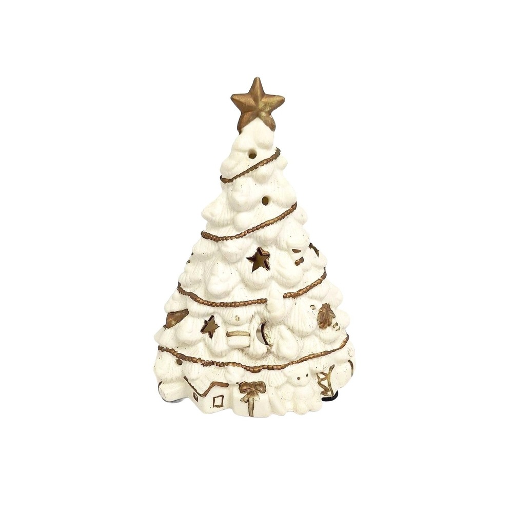 White & Gold Christmas Tree-Tea Light/Candle‎ Holder Pierced Ceramic